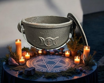 Large Witch Cauldron Triple Moon Goddess | Cast Iron Jumbo Spell Potion Pot | Magical Altar Decor| Witchcraft| Wicca| Pagan 8.5 Inches