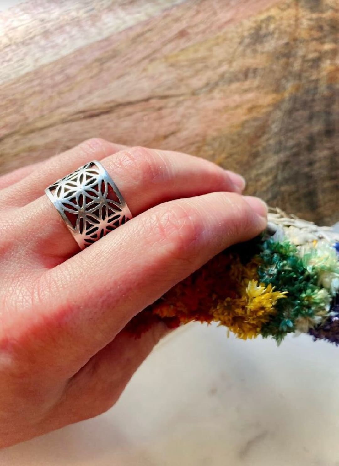 Flower of Life Adjustable Protection Ring Hippie Punk Ring Handmade in ...
