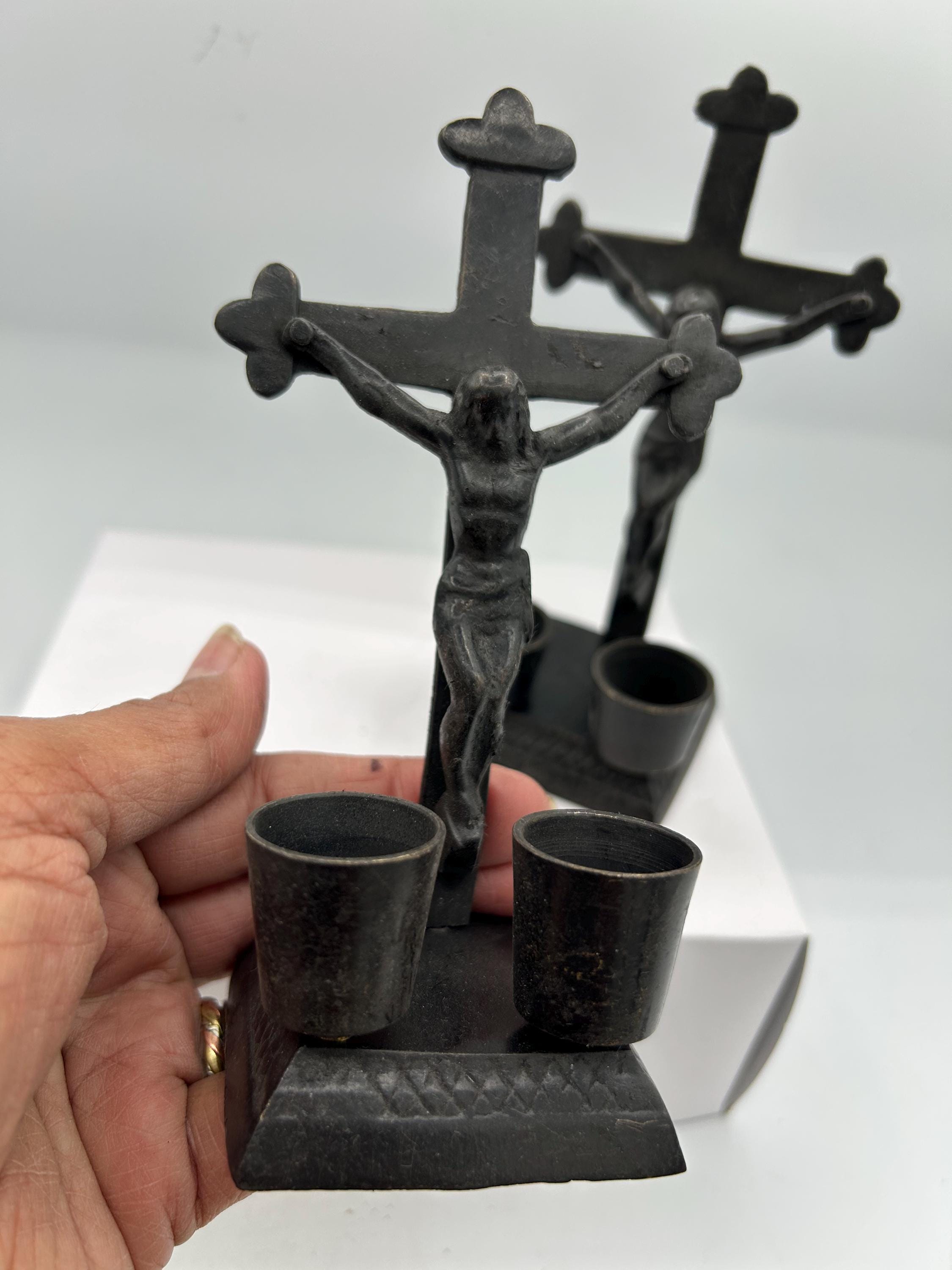 Antique Pair of Brass Crucifix Candle Holders - 15cm Heavy Bronze