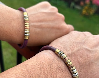 Pulseras de cuero africano de tres metales, joyería unisex, brazalete para hombres y mujeres, joyería de cuero unisex, regalo para esposo y esposa, hombres y mujeres