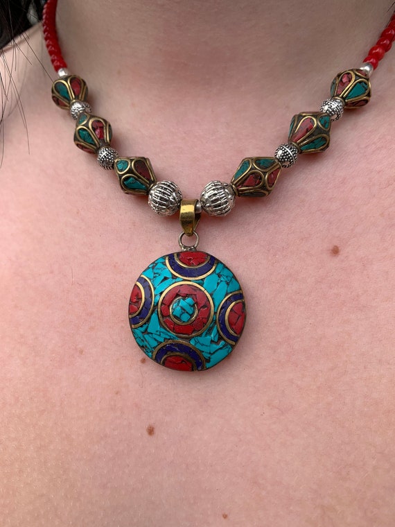 Collier Long 18 Pouces Perles Turquoise & Corail Tibétain Fait Main - Argenté - Cadeau Mode - Neuf