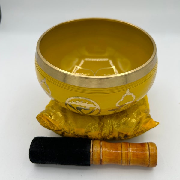 Solar Plexus Chakra Singing Bowl Gift Set Yellow  Manipura ,Reiki,Meditation,Spiritual Self Care Singing Bowls 5 Inch Nepal Christmas Gift