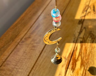 Small Brass Hanging Moon Wind Chime Bells Handmade Fair Trade Recycled Metal, Ethically Sourced,Sunshine Bells With Glass Beads 25 cm Length