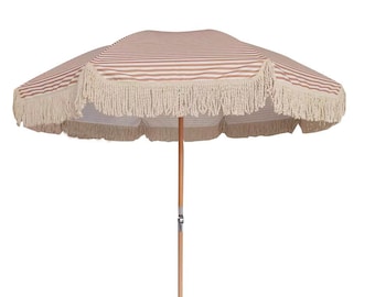 Boho Parasol - H226cm TERRACOTTA tassel Parasol, perfect for garden/beach tilt hinge & sand screw  matching carry bag.5KG (MOROCCAN)