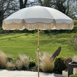 AVAILABLE END MAY for pre order Boho Parasol white Tassel Parasol, perfect for garden or beach matching carry bag image 1