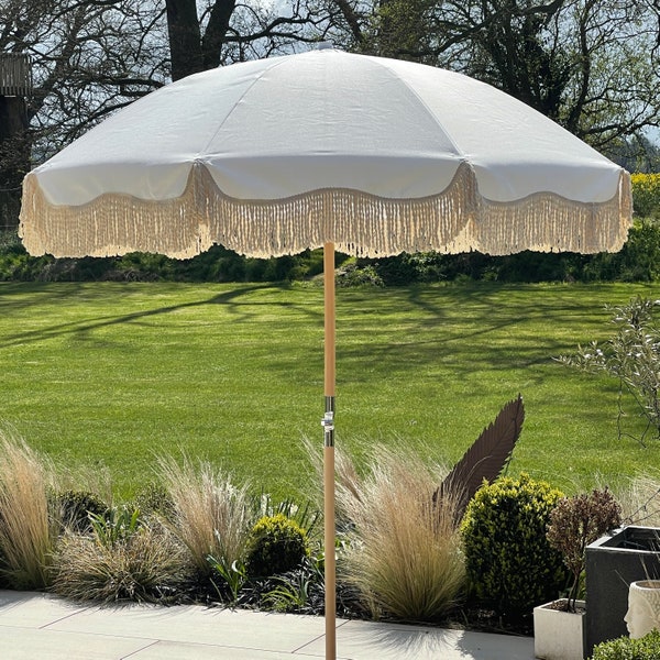 AVAILABLE END MAY for pre order hello@suntassl.co.uk.   Boho Parasol white Tassel Parasol, perfect for garden or beach matching carry bag