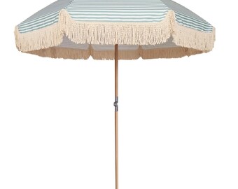 Retro Boho Fringe Tassel Parasol - GREEN/WHITE Stripe for garden/beach with tilt hinge & sand screw with matching carry bag. 5kg. (HAMPTON)