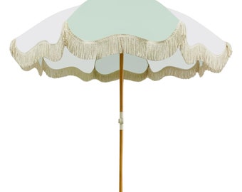 AVAILABLE END MAY pre order    Small Boho Parasol green & White  with scalloped edge Tassels. Perfect for the beach