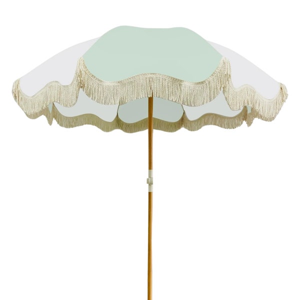 AVAILABLE END MAY pre order hello@suntassl.co.uk    Small Boho Parasol green & White  with scalloped edge Tassels. Perfect for the beach