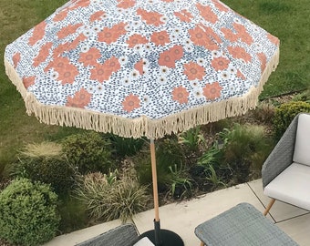 Retro Boho Tassel Parasol  - TERRACOTTA/BLACK/WHITE garden/beach with tilt hinge & sand screw with matching carry bag (Bohemian)