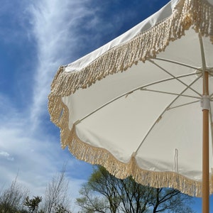 AVAILABLE END MAY for pre order Boho Parasol white Tassel Parasol, perfect for garden or beach matching carry bag image 4