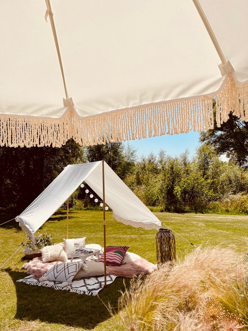 Boho Canopy Beach Tent Sunshade fringe UV30 Scalloped Tassel Fringe & Matching Carry Bag. Party, Wedding, Festivals, Camping, Beach. Bild 8