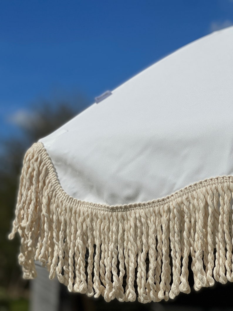 AVAILABLE END MAY for pre order Boho Parasol white Tassel Parasol, perfect for garden or beach matching carry bag image 3