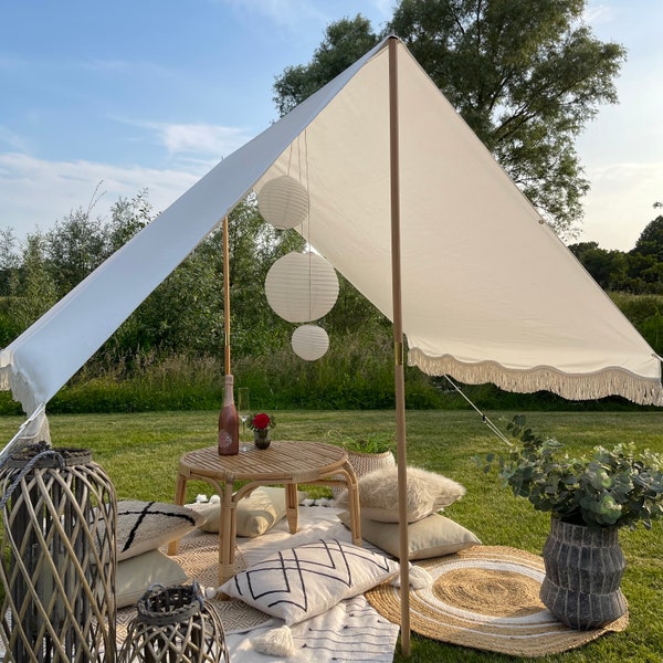Boho Canopy Beach Tent Sunshade fringe UV30 Scalloped Tassel Fringe & Matching Carry Bag. Party, Wedding, Festivals, Camping, Beach.