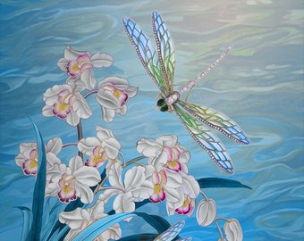 Art Print on Finest Watercolour Paper.  Orchids and Dragonflies, hovering over water. Meditative, Lightness.