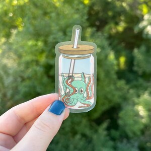 Octopus inside of glass cup with bamboo lid sticker, retro, vintage, colorful