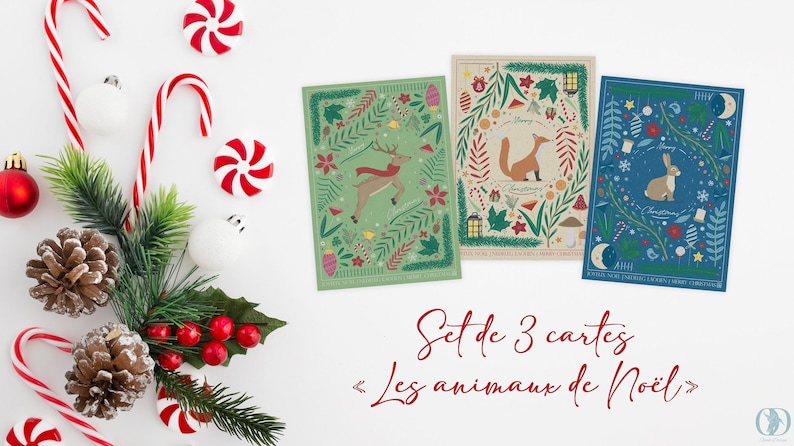 Cartes de vœux "Les animaux de Noël" Set de 3 cartes - AN