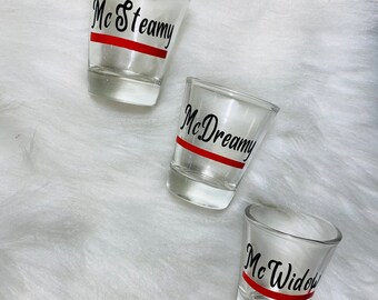 Grey's Anatomy 3 Shot Glasses | McSteamy | McDreamy | McWidow | Grey's | Shepherd | Sloan | Meredith |