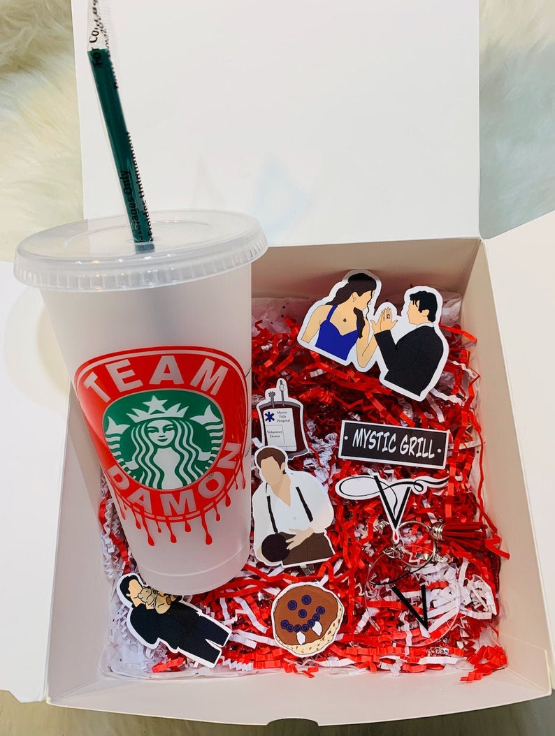 Vampire Diaries Birthday Gift Box | VD Starbucks Iced Coffee| Damon Box | Stefan Box | Keychain | Stickers | Mothers Day | TVD | Kai | Tyler 