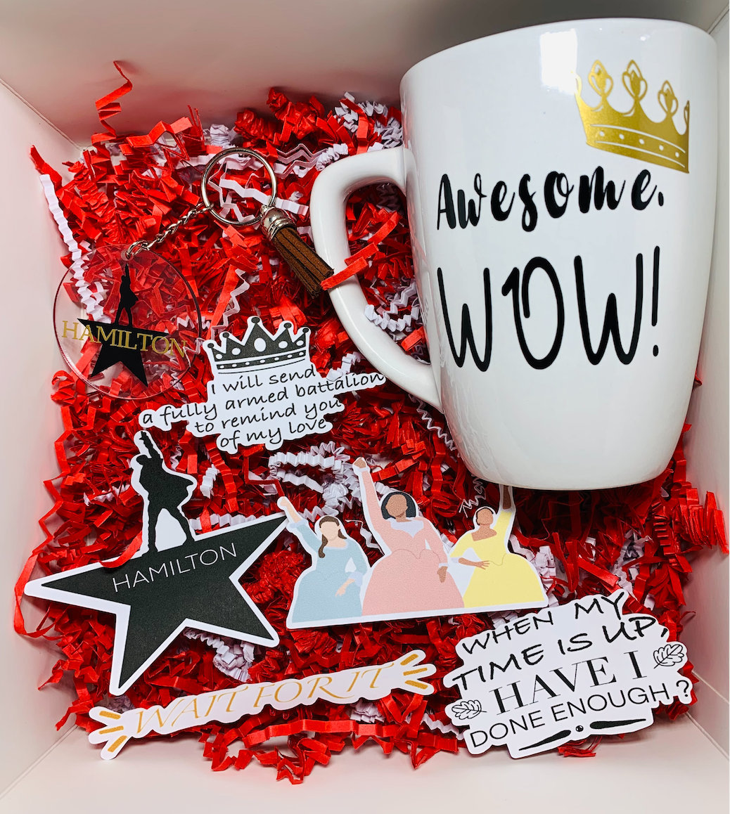 Hamilton Birthday Gift Box | Musical Coffee Mug | Awesome, Wow! Box | Broadway| King George | Keychain| Stickers | Valentine | Mother's Day