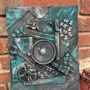 Electronic parts collage, Black Paint, Game Room, Kids Room, Pink and Teal Wall Art, Technology