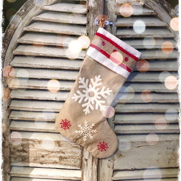 Chaussette botte de Noël flocons de neige personnalisable prénom décoration sapin cheminée