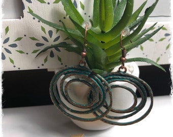 Ethnic boho earrings, bronze brass with green patina