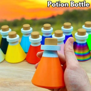 May include: A collection of colorful potion bottles with wooden corks and white and blue accents. The bottles are in various colors, including orange, yellow, blue, and rainbow. The text "Potion Bottle" is at the top of the image.