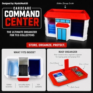 Op de afbeelding: Een witte en rode plastic kaartenorganizer met de tekst "COMMAND CENTER" en "THE ULTIMATE ORGANIZER FOR TCG COLLECTORS". De organizer heeft een dak dat omgebouwd kan worden tot een aparte organizer voor het scheuren van pakjes en het spelen van TCG.
