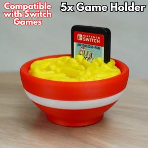 Soporte para juegos de Switch con forma de tazón de fideos: organizador impreso en 3D para 5 cartuchos de juego, divertido expositor de escritorio para gamers, organizador de juegos de Switch