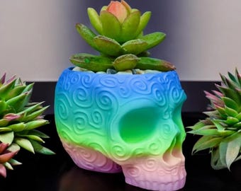 Succulent Sugar Skull Planter – Unique Skull Pot with Drainage Option for Real or Fake Plants, Gothic Home Decor - Succulent Planter Pot