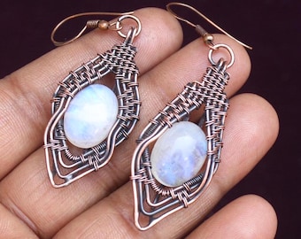 Blue Flash Moonstone Earrings: Copper Wire Wrapped Gemstone Jewelry