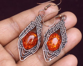 Baltic Amber Copper Wire Wrap Earrings: Gemstone Jewelry