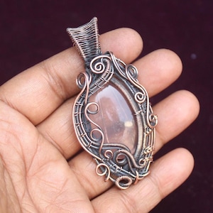 Fabulous Handmade Pendant / Pink Rose Quartz Gemstone Copper Wire Wrap Jewelry/ Oxidize Polish Pendant/ Christmas Gift/ Gift For Lover
