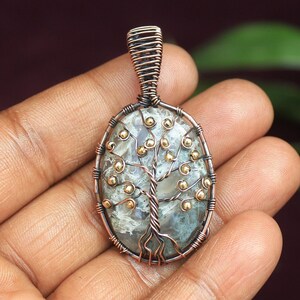 Tree of Life Moss Agate Pendant: Oxidized Copper Wire Wrapped Jewelry