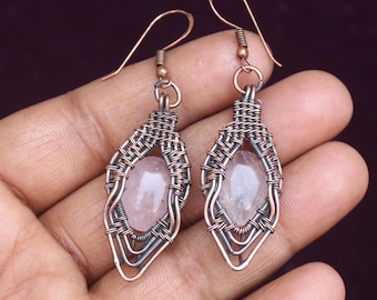 Copper Wire Wrap Earrings: Rose Quartz Gemstone, Handwork Jewelry