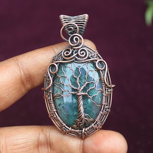 Moss Agate Tree of Life Pendant: Oxidized Copper Wire Wrapped Jewelry