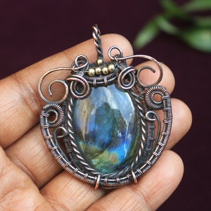 Blue Fire Labradorite Gemstone Copper Wire Wrap Pendant/ Beautiful Designer Copper Pendant Jewelry/ Gift For Her/ Oxidize Pendant