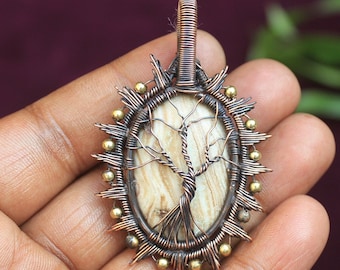 May include: A copper wire wrapped pendant featuring a tree of life design with a natural stone inlay. The pendant has a gold-toned finish and is accented with small gold beads.