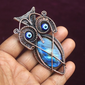 Blue Fire Labradorite Owl Pendant: Copper Wire Wrap Jewelry
