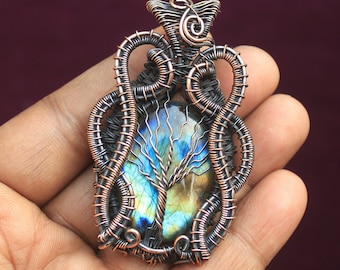 Labradorite Tree of Life Pendant: Copper Wire Wrapped Gemstone Jewelry