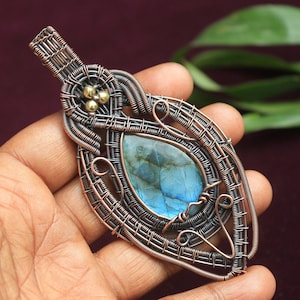 Natural Blue Fire Labradorite Gemstone Copper Wire Wrap Pendant/ Rare Designer Copper Pendant Jewelry/ Gift Pendant/ Oxidize Polish Pendant