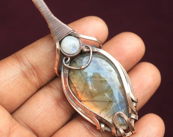 Moonstone Evil Eye Unique Flashy Labradorite Copper Pendant/ Labradorite Gemstone Copper Wire Wrap Pendant Jewelry/ Gift For Christmas