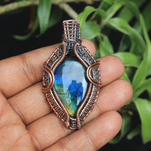 Stunning Blue Fire Labradorite Copper Pendant / Gemstone Copper Wire Wrap Pendant Jewelry/ Gift Pendant/ Oxidize Polish Pendant