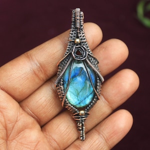 Unique Blue Fire Labradorite Copper Pendant/ Labradorite Gemstone Copper Wire Wrap Pendant Jewelry/ Gift Pendant/ Oxidize Polish Pendant