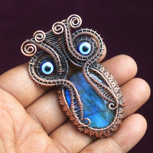 Blue Fire Labradorite Owl Pendant: Copper Wire Wrap Gemstone Jewelry