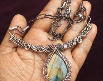 Unique Yellow Fire Labradorite Copper Necklace/ Adjustable Copper Necklace/ Women Copper Wire Wrap Necklace Jewelry/ Gift For Christmas