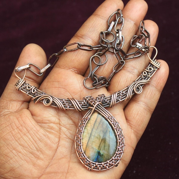 Yellow Fire Labradorite Copper Necklace: Adjustable Wire Wrap Jewelry