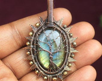 Labradorite Tree of Life Pendant: Oxidized Copper Wire Wrapped Jewelry