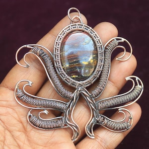 Iron Tiger Gemstone Copper Octopus Pendant: Handmade Wire Wrap Jewelry